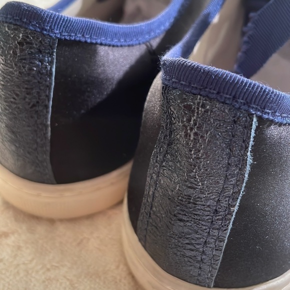 🤩HP🤩 Lanvin Paris Crackled Leather Toe Cap Satin Sided Black Navy Blue Sneaker - Picture 11 of 17